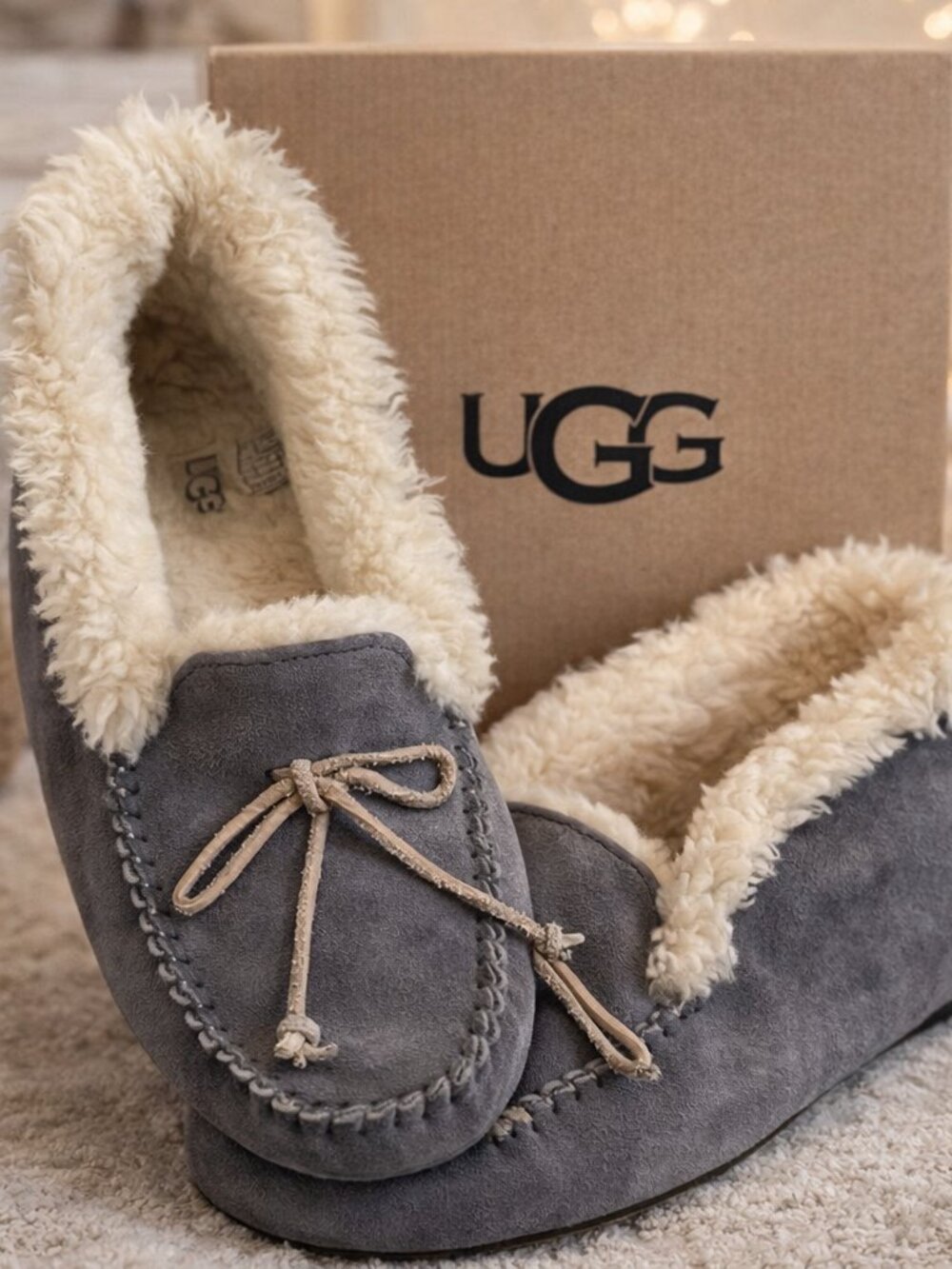UGG Alena Grey Slipper Suede Bootie Shoe Moccasin WFH Comfort Dorm Loungewear